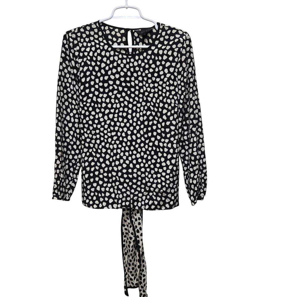 J Crew Silk Tie Back Blouse Black Ivory Dot Print Size 6